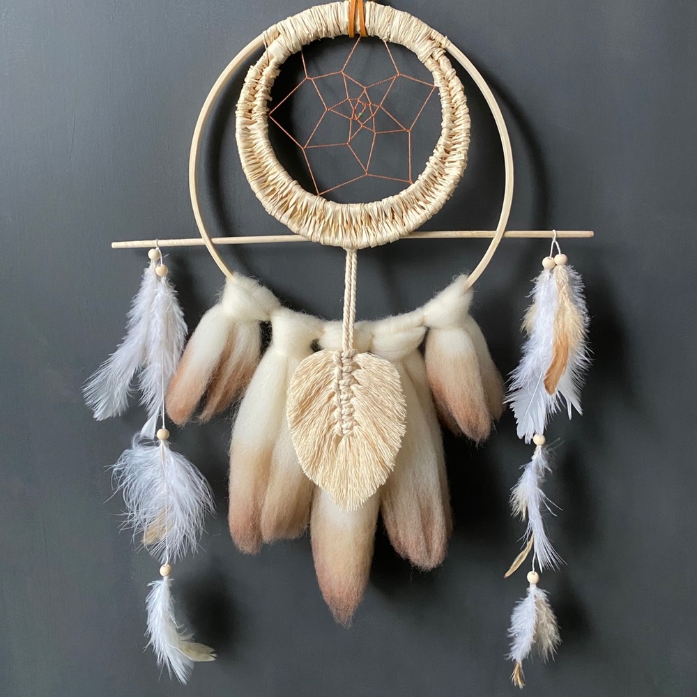 Dream catcher with roving detail. Fall decor